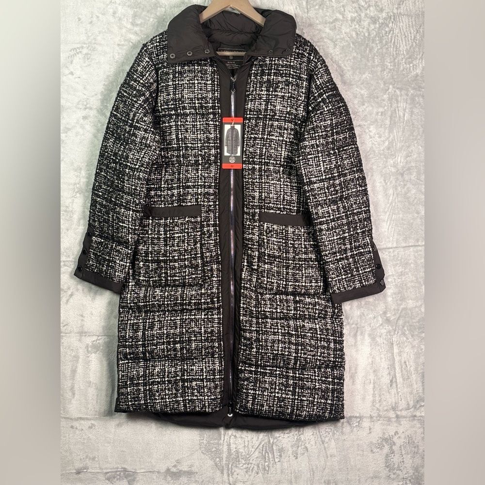 NWT New Bernardo Black White Wool Tweed Blend Heavy Puffer Jacket Size Medium